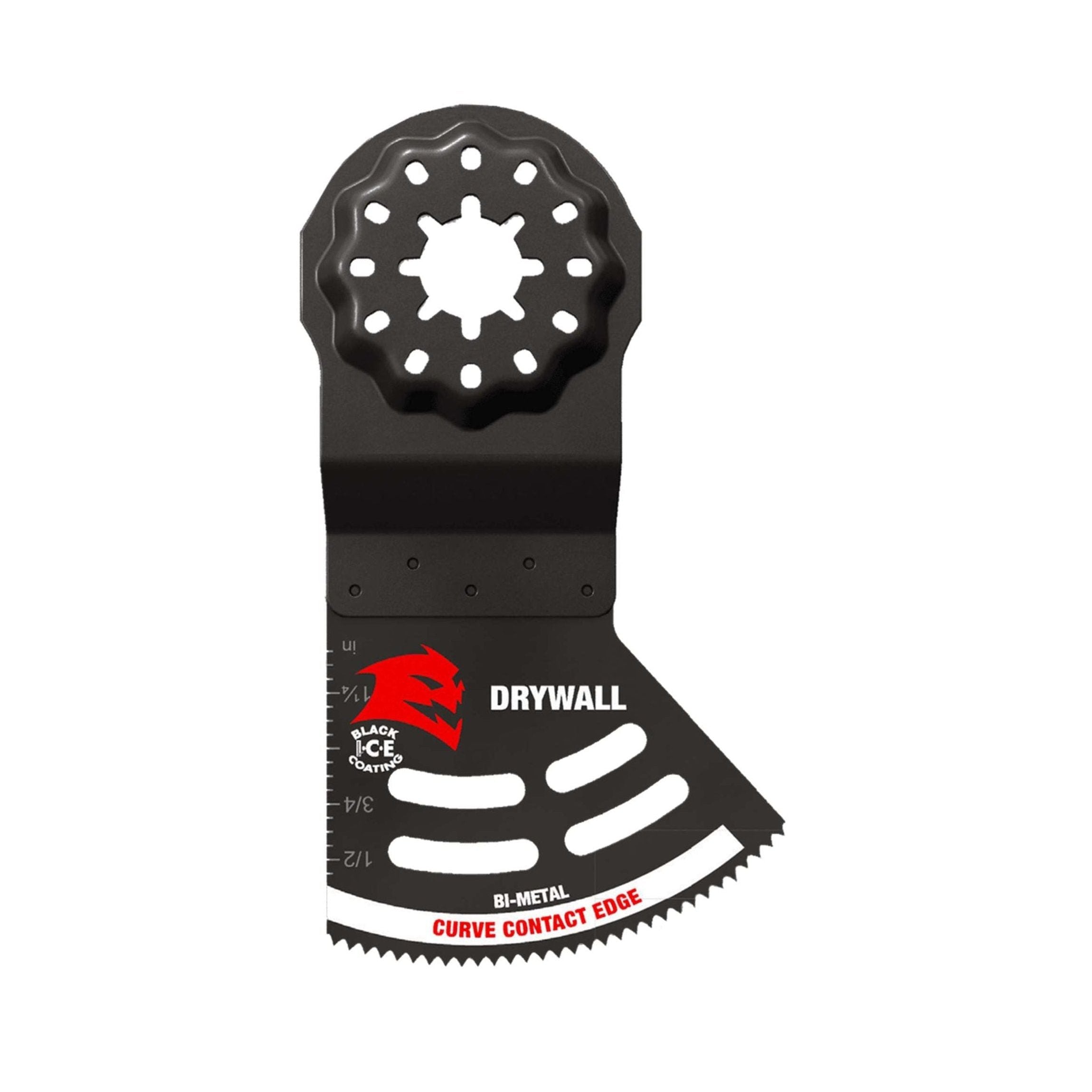 The DIABLO DOS200RBD 2 in. Starlock Bi-Metal Oscillating Blade for Drywall, labeled DRYWALL and CURVE CONTACT EDGE, has a gear-like top and ultra-hardened edge. Black with white/red text, featuring the BLACK ICE logo, its compatible with Starlock tools for precision work.
